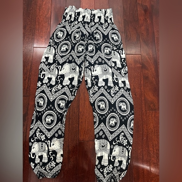 Boho Elephant Print Black and White Pants - Picture 1 of 5